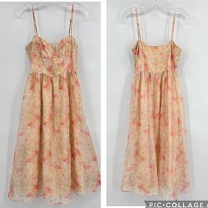 Storia Floral Print Chiffon Midi Dress Yellow Pink Size S